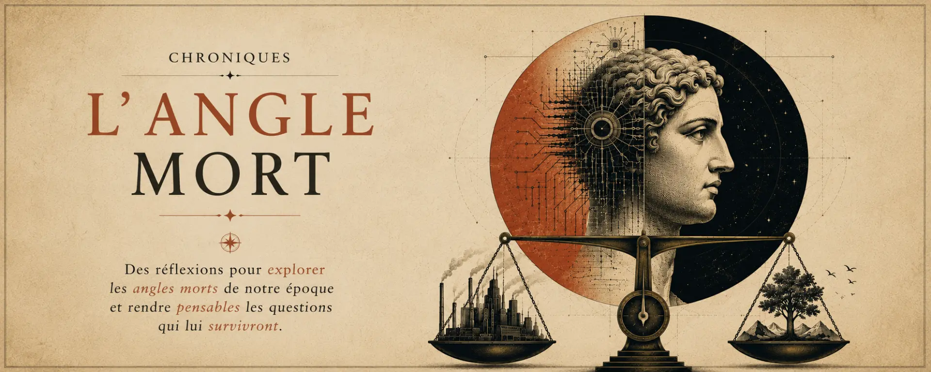 Visuel de la chronique L’Angle mort : une balance entre ville industrielle et nature, surmontée d’un profil antique.