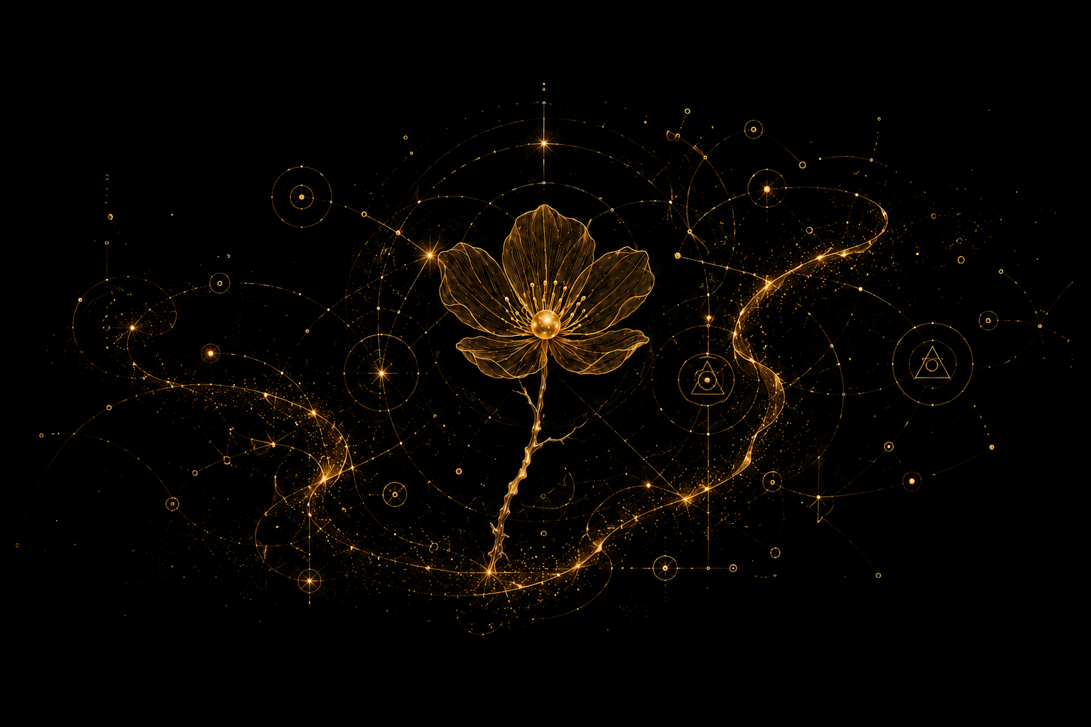 Visuel identitaire de La Traversée : une fleur d’or et sa tige fissurée dans une cartographie stellaire.