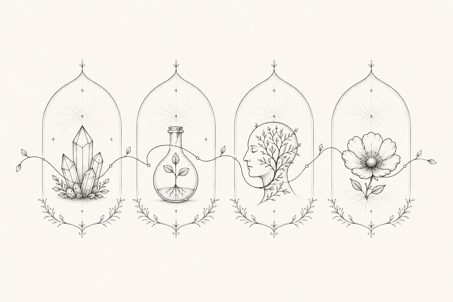 Dessin au trait : quatre arches reliées par un fil, abritant un cristal, un flacon où pousse une plante, un visage traversé de branchages et une fleur ouverte.