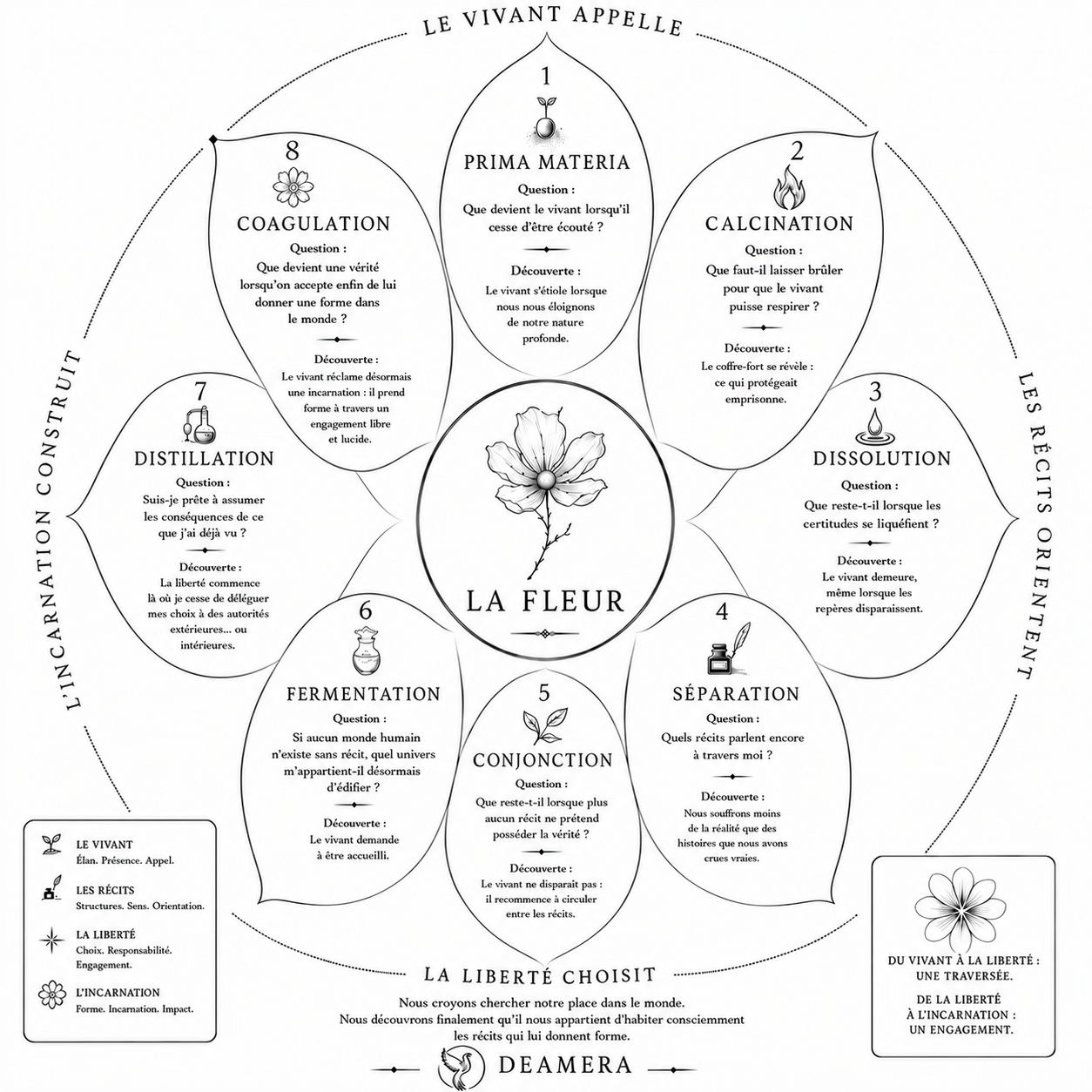 Carte carrée : une rosace de huit pétales autour d’une fleur centrale nommée La Fleur, chaque pétale portant un mouvement alchimique, sa question et sa découverte, entourée des mentions Le vivant appelle, Les récits orientent, La liberté choisit et L’incarnation construit.