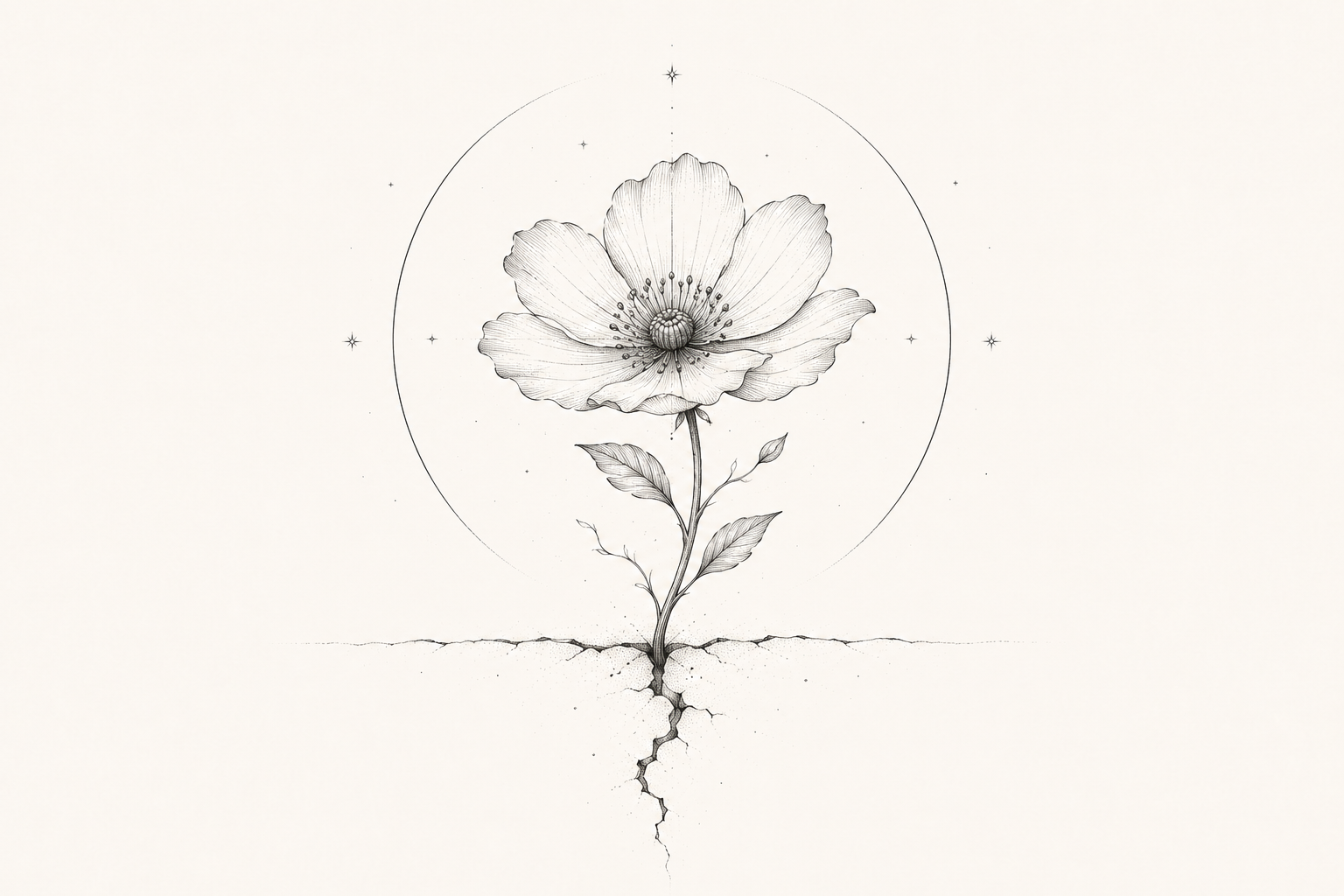 Dessin au trait : une fleur ouverte dont la tige plonge dans une fissure du sol, inscrite dans un cercle.
